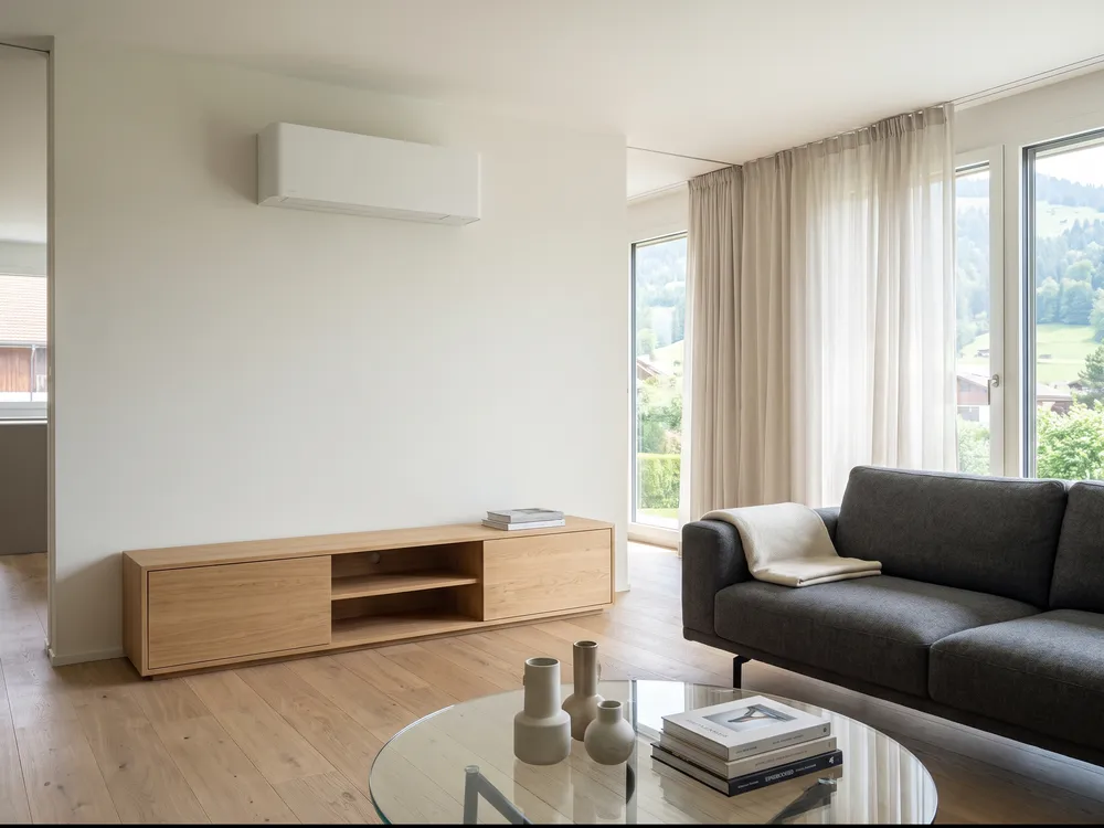 Wandmontiertes Klimagerät im Wohnzimmer