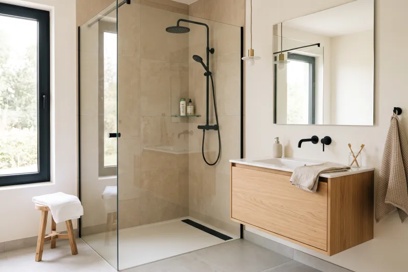 Modernes Badezimmer mit Dusche und Waschtisch