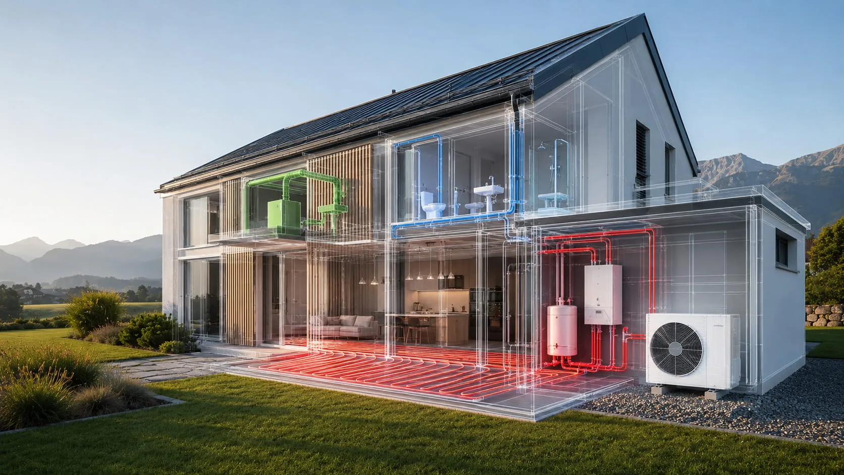 Schnittbild eines Einfamilienhauses mit allen Gewerken der Gebäudetechnik