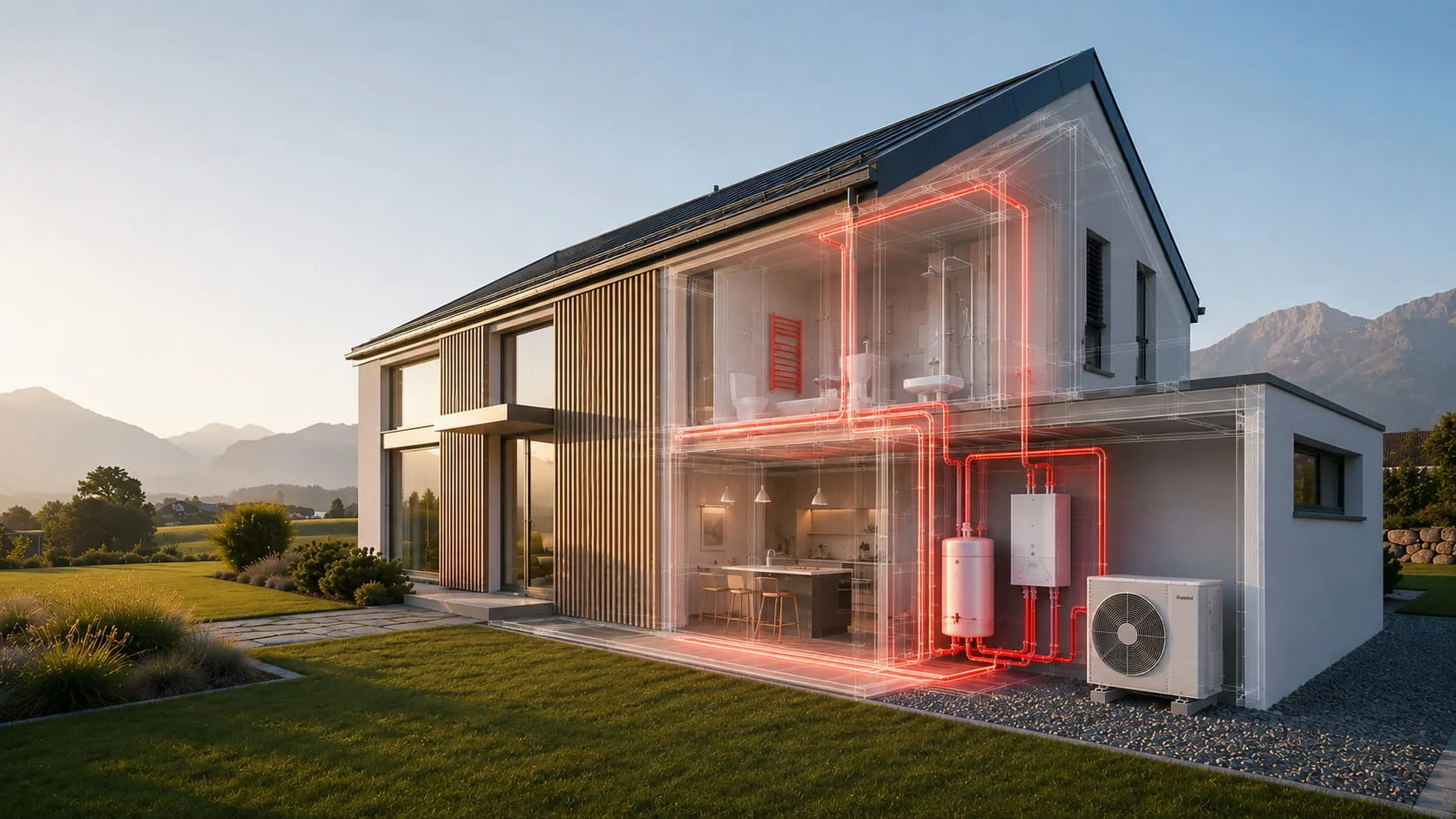 Schnittbild eines Einfamilienhauses mit rot markiertem Heizsystem und Wärmepumpe