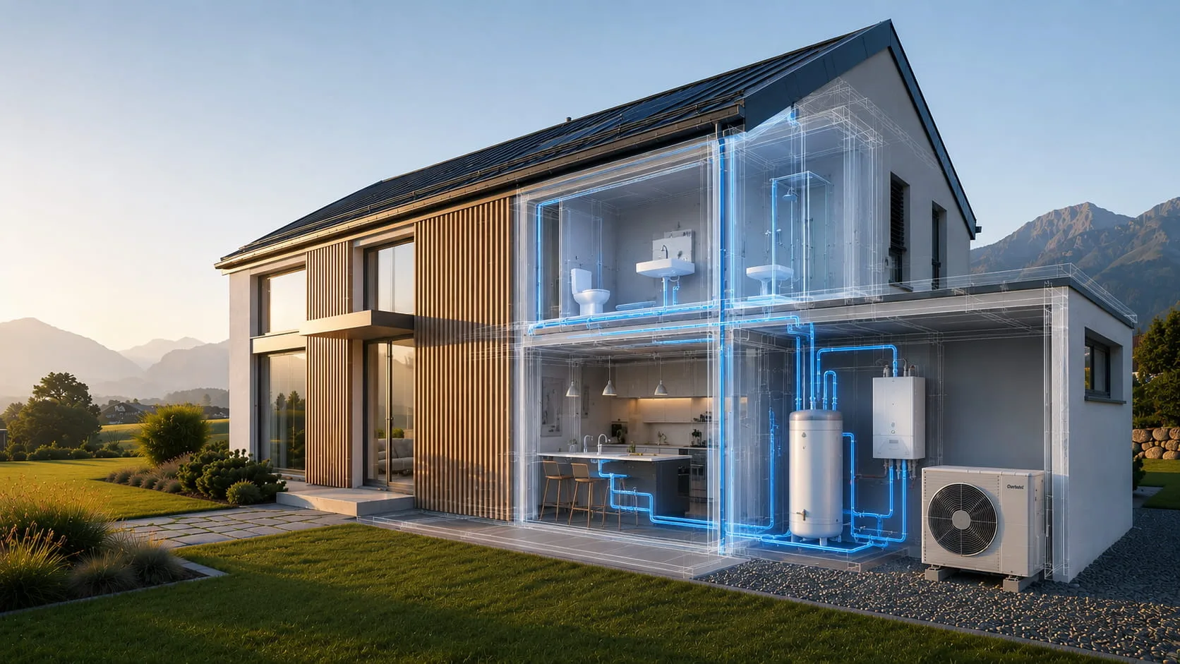 Schnittbild eines Einfamilienhauses mit blau markierten Sanitärleitungen